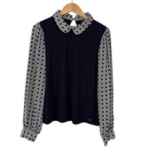 Tommy Hilfiger Geo Print Sleeve Collared Blouse Black White Sz L Career Office